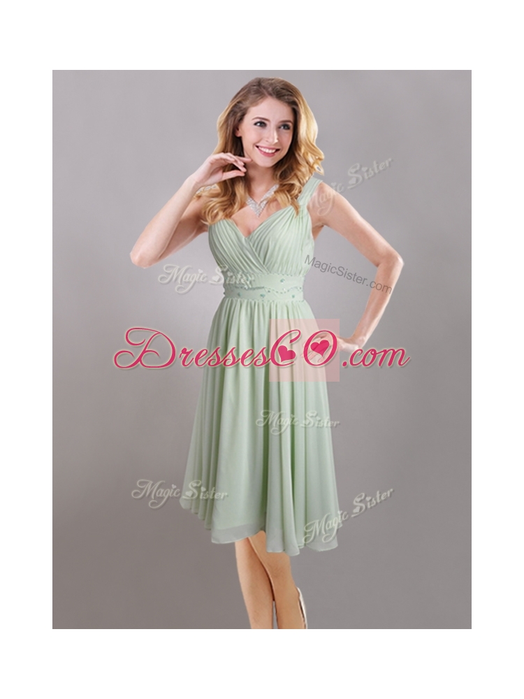 Exclusive Beaded and Ruched Apple Green V Neck Junior Bridesmaid Dress in Chiffon