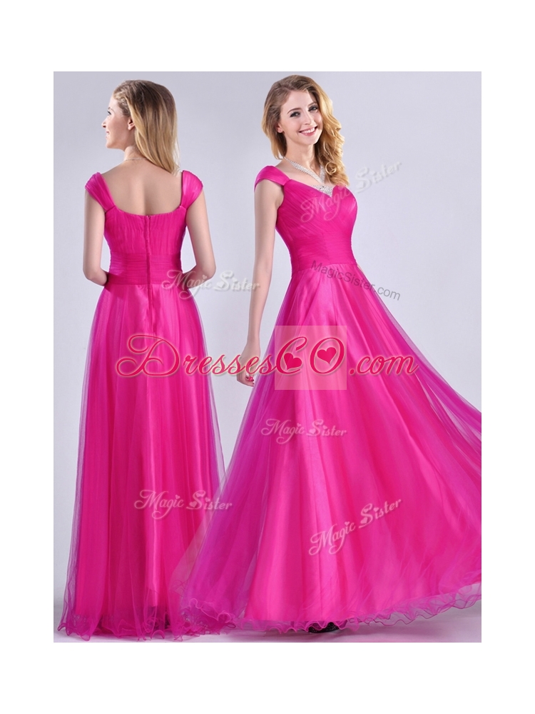 Exclusive Organza Beaded Top Hot Pink Junior Bridesmaid Dress with Cap Sleeves