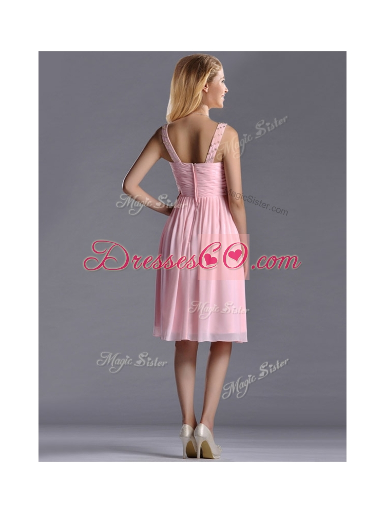 Lovely Empire V Neck Baby Pink Short Junior Bridesmaid Dress with Beading