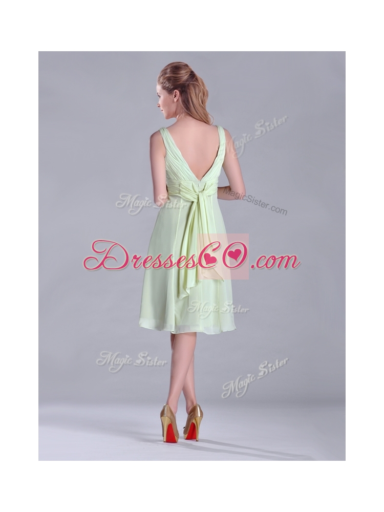 Lovely Tea Length Ruched and Belted Bridesmaid Dress in Yellow Green