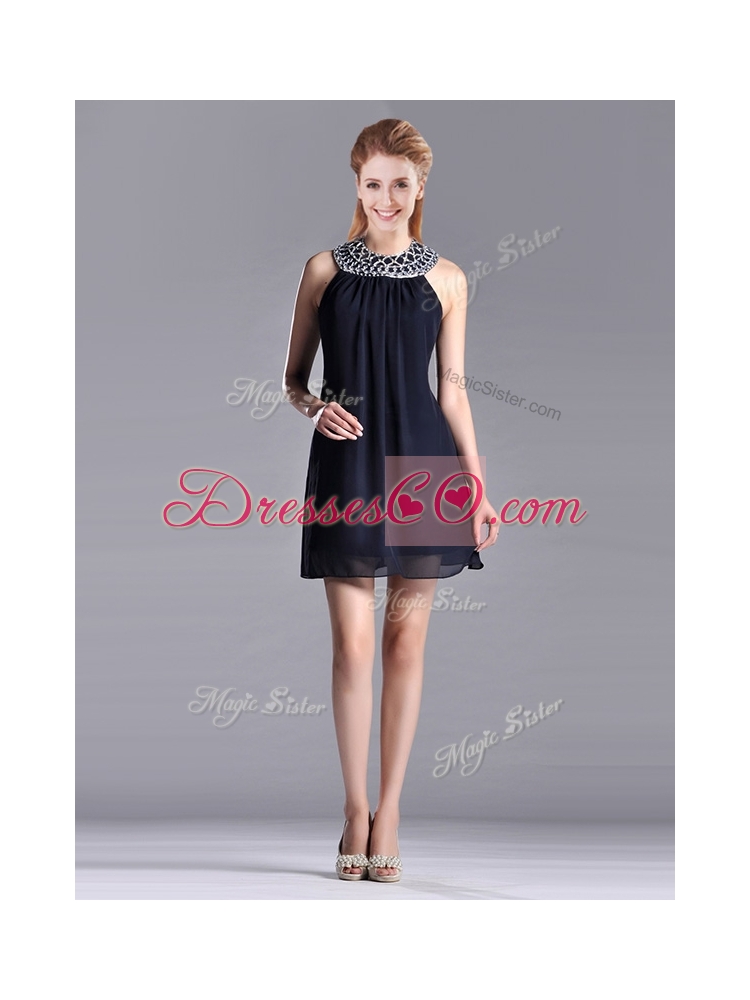 Popular Black Short Bridesmaid Dress with Beaded Decorated Halter Top