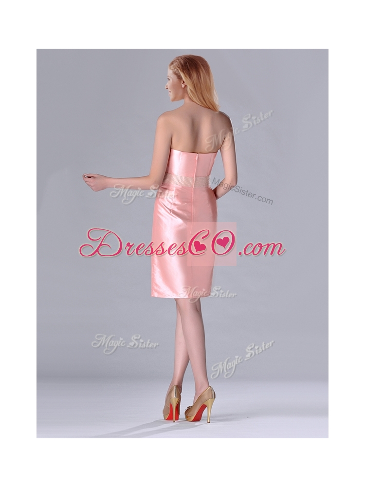 Short Strapless Knee Length Pink Bridesmaid Dress with Hand Crafted and Beading