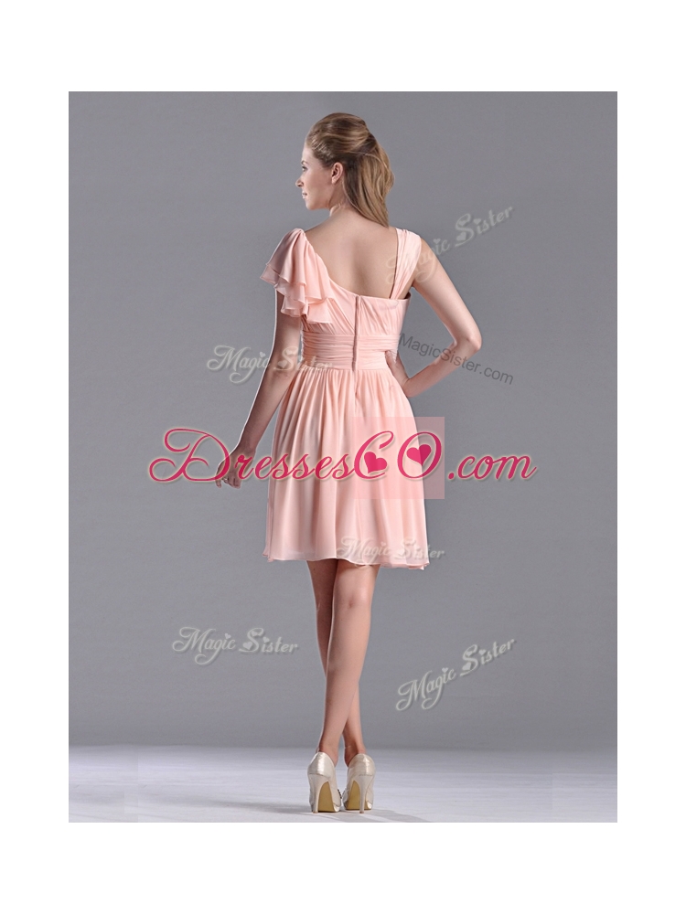 Simple Empire Ruched Peach Bridesmaid Dress with Asymmetrical Neckline