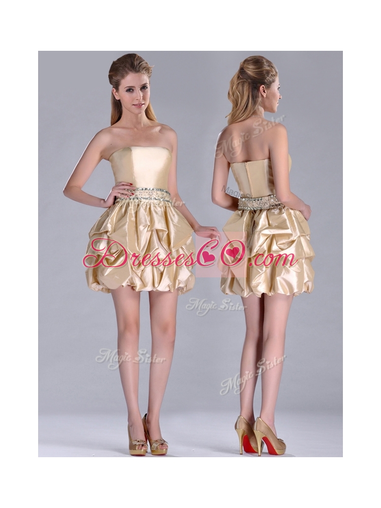 Beautiful Strapless Beaded and Bubble Short Bridesmaid Dress in Champagne