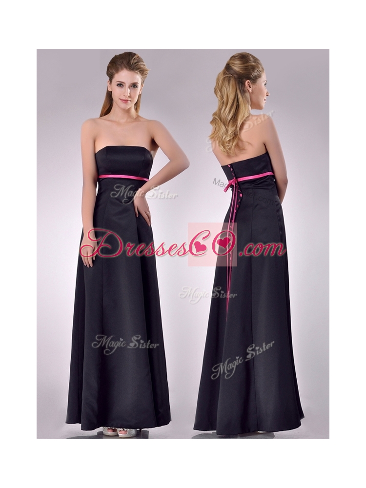 Classical Black Ankle Length Bridesmaid Dress with Hot Pink Belt