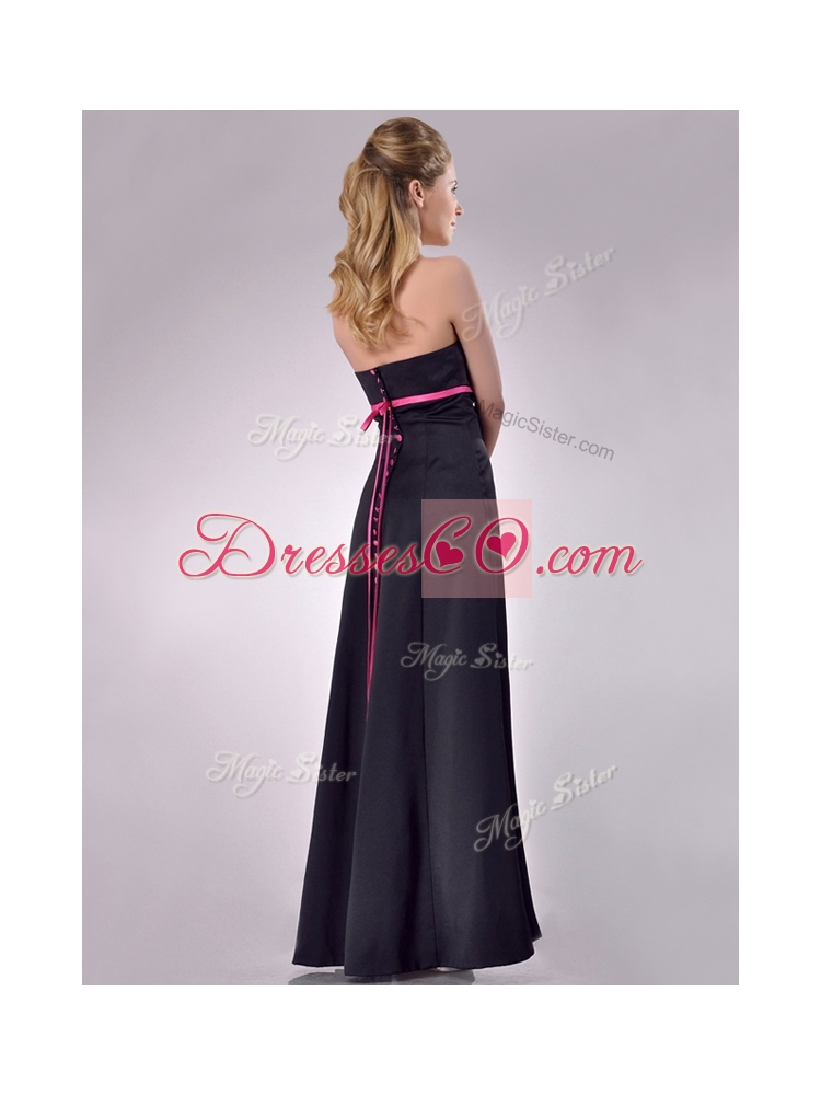 Classical Black Ankle Length Bridesmaid Dress with Hot Pink Belt