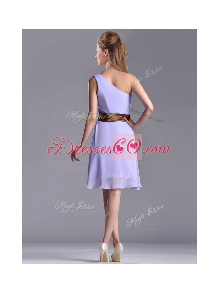 Exclusive One Shoulder Lavender Short Bridesmaid Dress with Brown Belt
