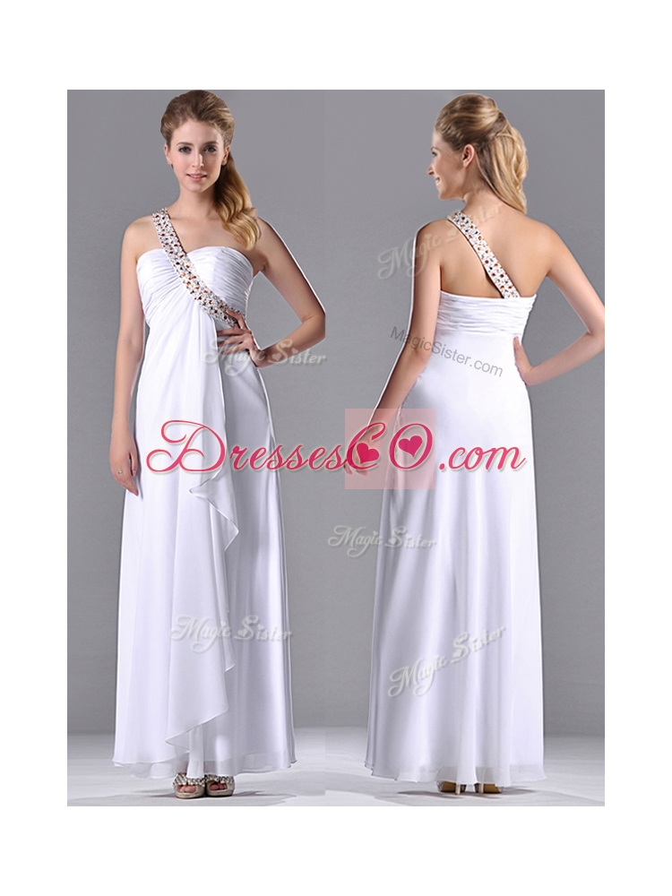 Fashionable Empire One Shoulder Chiffon Side Zipper White Junior Bridesmaid Dress with Beading