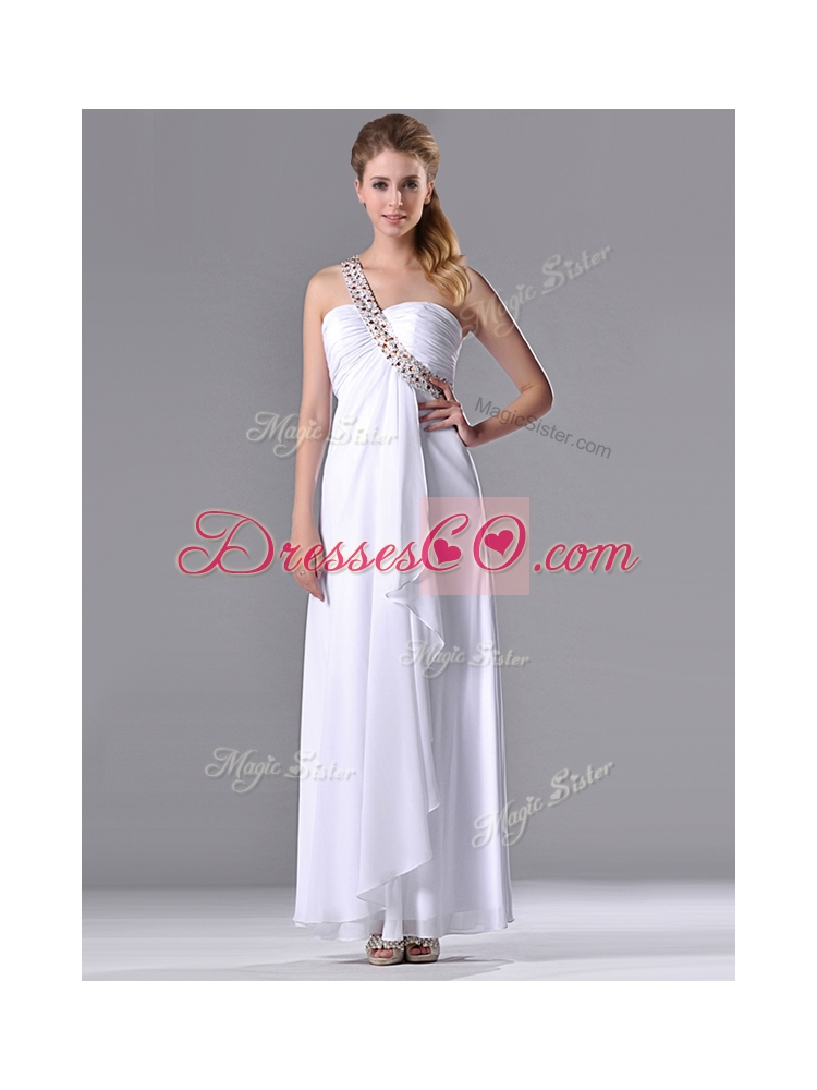Fashionable Empire One Shoulder Chiffon Side Zipper White Junior Bridesmaid Dress with Beading