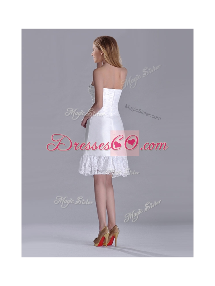 Low Price Strapless White Short Bridesmaid Dress in Lace and Satin