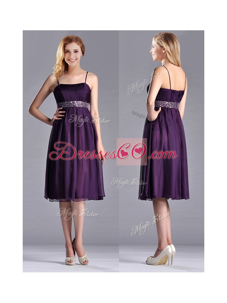 Modest Spaghetti Straps Beaded Chiffon Short Bridesmaid Dress in Purple