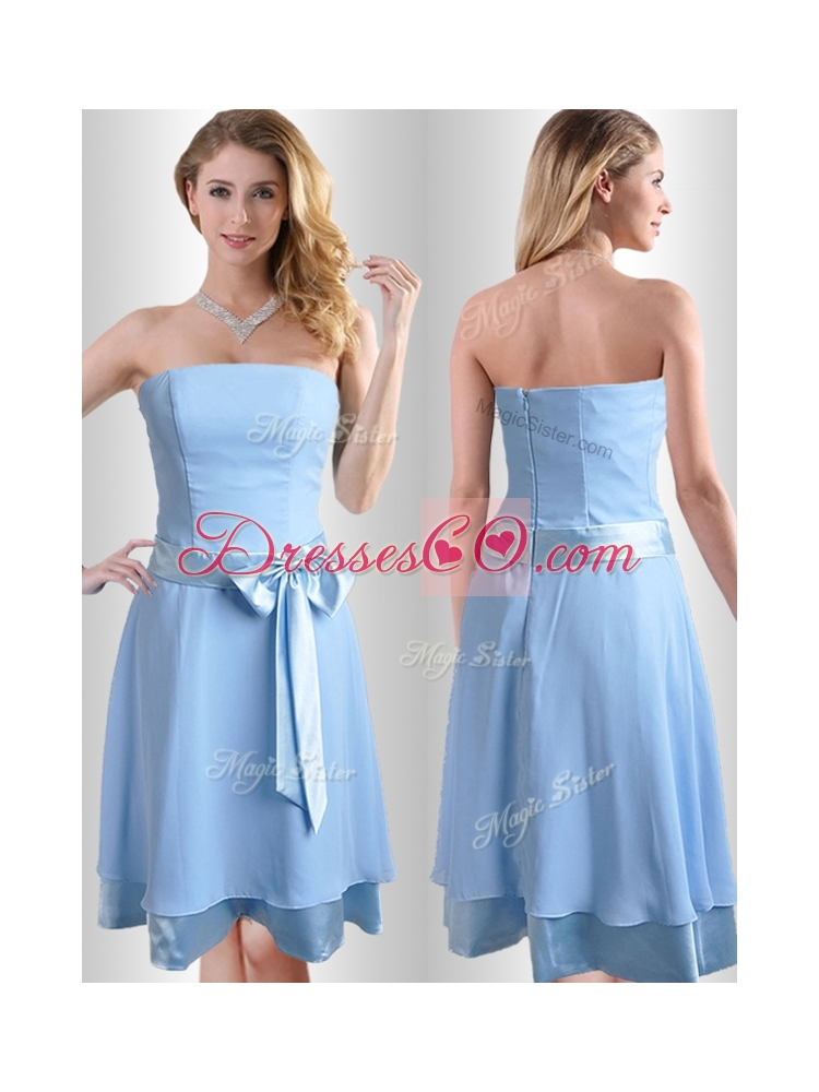 New Style Bowknot Chiffon Short Junior Bridesmaid Dress in Light Blue