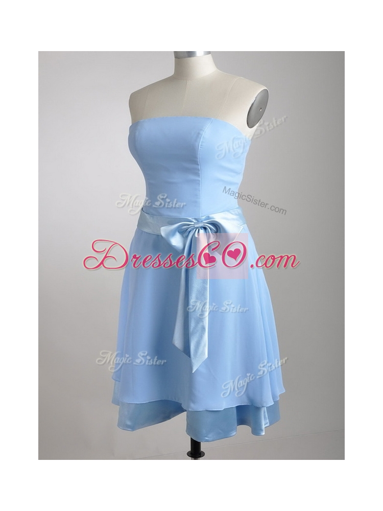 New Style Bowknot Chiffon Short Junior Bridesmaid Dress in Light Blue