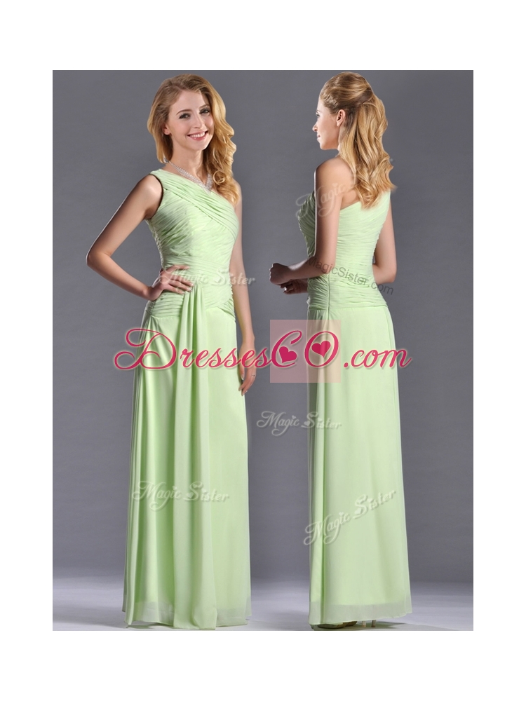 Pretty One Shoulder Side Zipper Yellow Green Bridesmaid Dress with Ruching