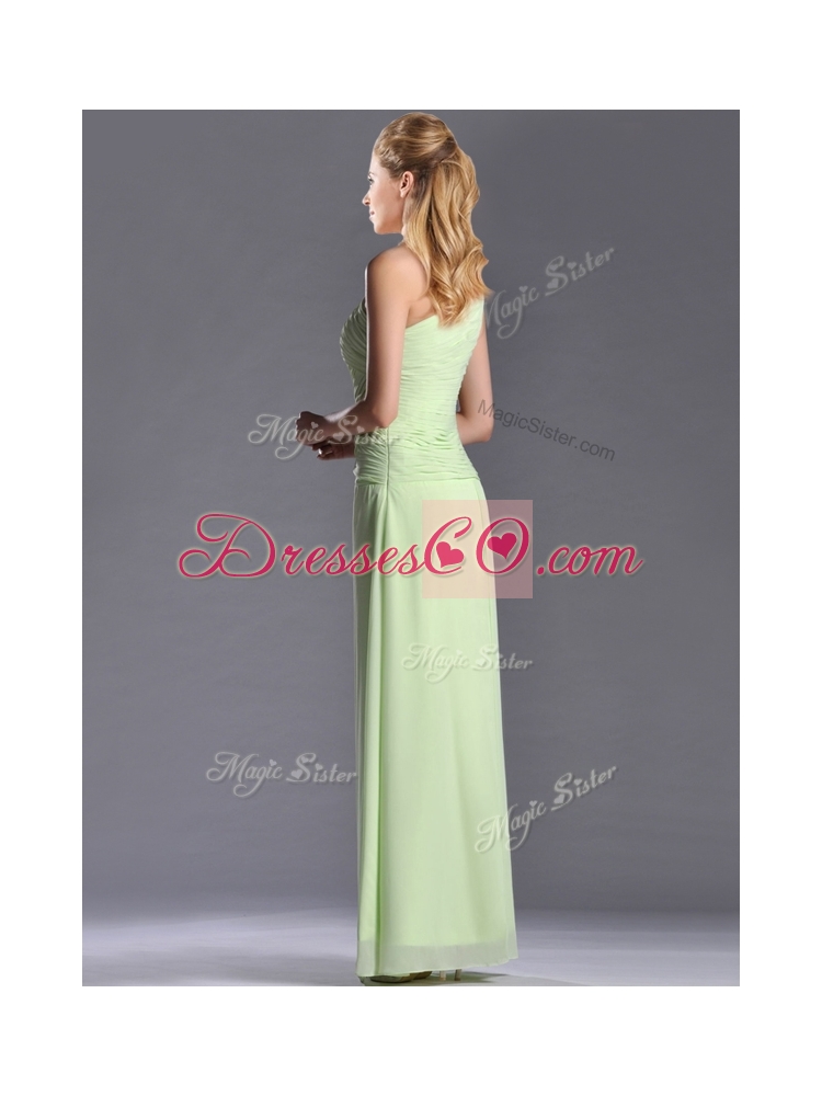 Pretty One Shoulder Side Zipper Yellow Green Bridesmaid Dress with Ruching