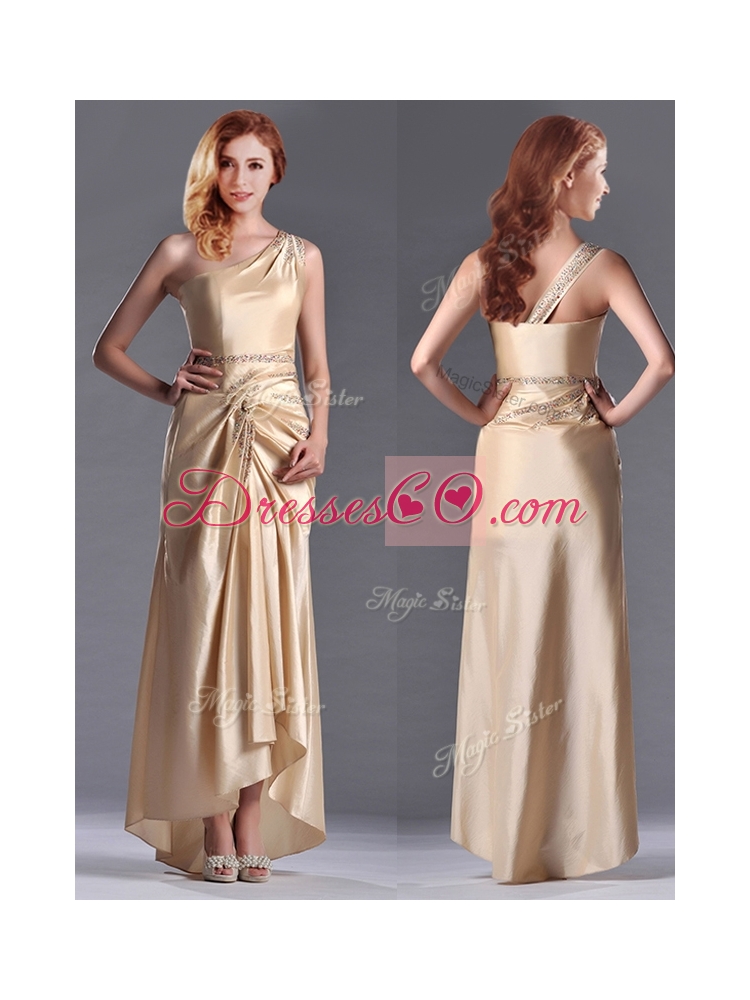Champagne Ankle-length Beaded Side Zipper Mother Dress with One Shoulde