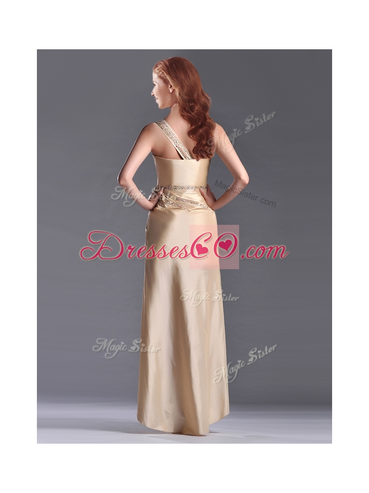 Champagne Ankle-length Beaded Side Zipper Mother Dress with One Shoulde