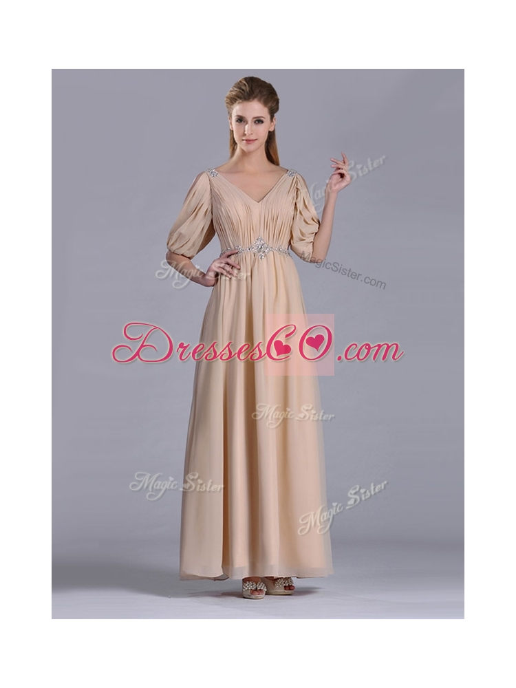 Cheap Beaded and Ruched V Neck Long Mother Dress in Champagne