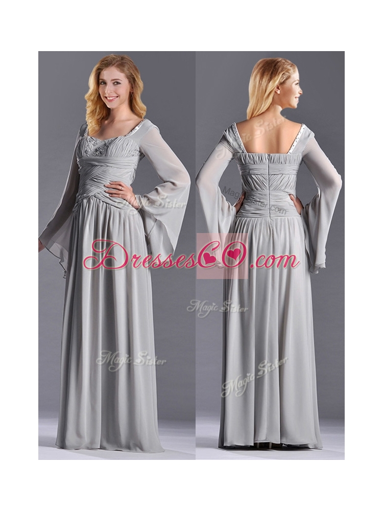 Classical Square Beaded and Ruched Mother Dress with Long Sleeves