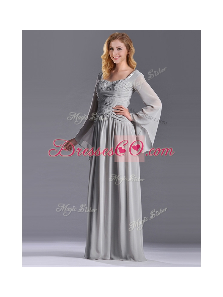 Classical Square Beaded and Ruched Mother Dress with Long Sleeves