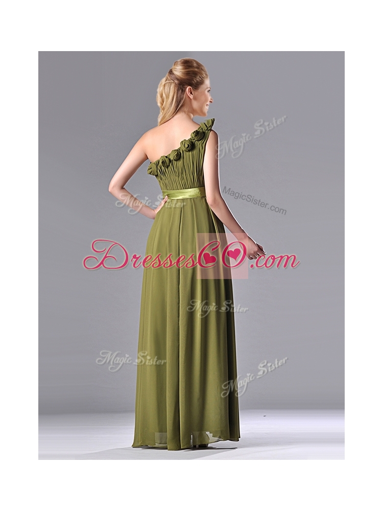 Empire One Shoulder Ruched and Belt Mother Dress in Olive Green