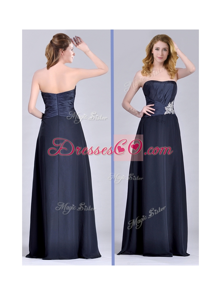Exquisite Empire Satin Beaded Long Mother Dress in Navy Blue
