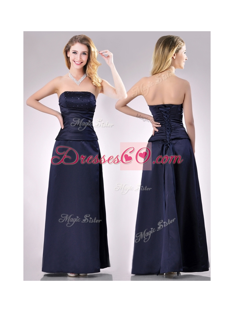 Fashionable Strapless Beaded Bust Long Mother Dress in Navy Blue