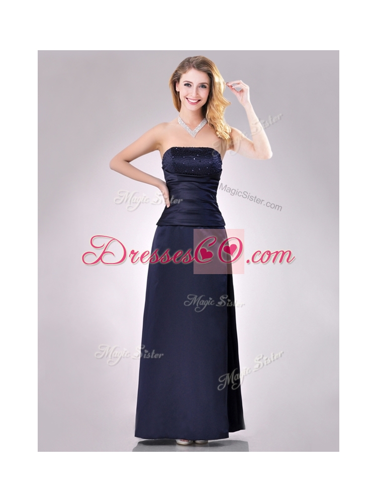 Fashionable Strapless Beaded Bust Long Mother Dress in Navy Blue
