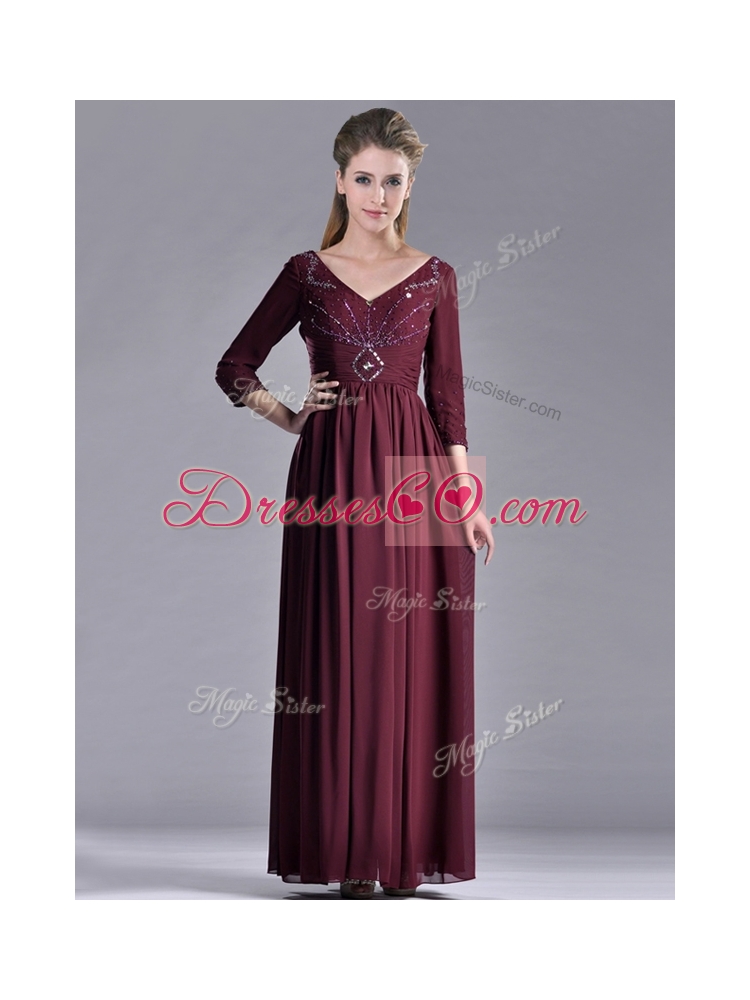 Latest Beaded V Neck Burgundy Mother Dress with Three Fourth Length Sleeves