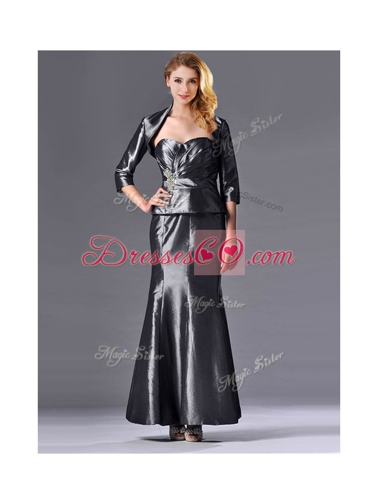 Mermaid Ankle-length Beaded Silver Mother Dress with Jacket