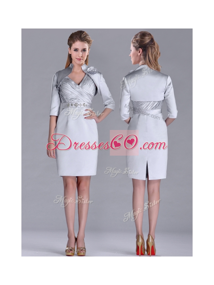 Popular Column Belted with Beading Silver Mother Dress with V Neck