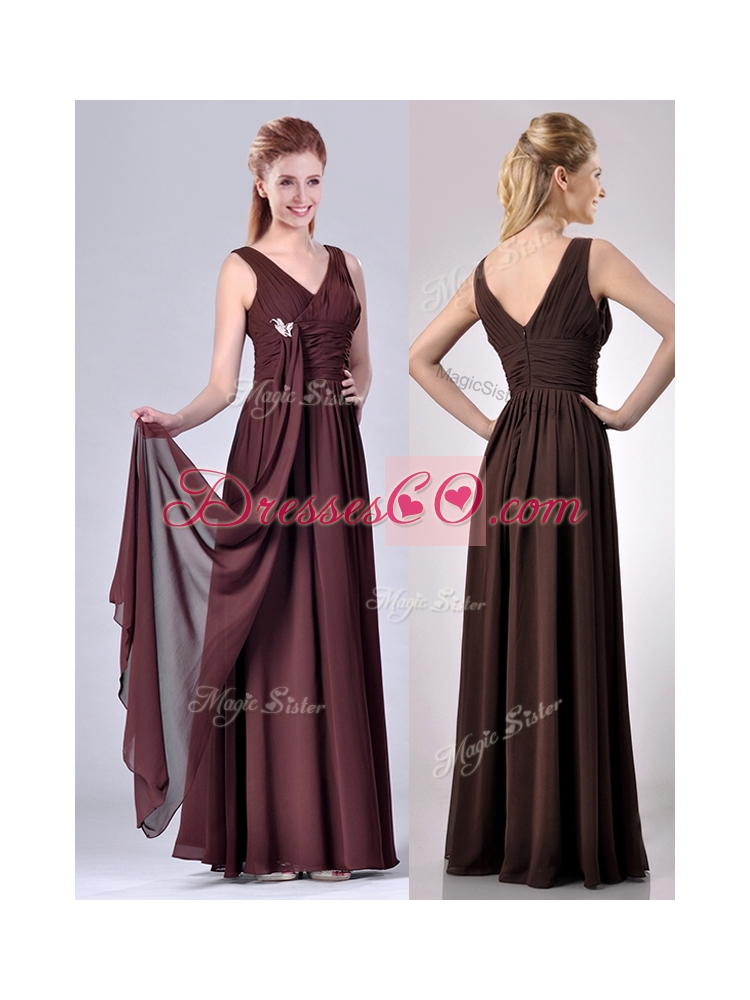 Simple Empire V Neck Chiffon Long Mother Dress in Brown