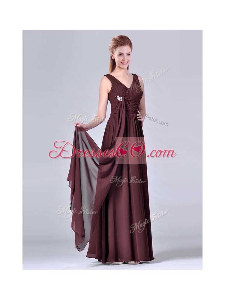 Simple Empire V Neck Chiffon Long Mother Dress in Brown