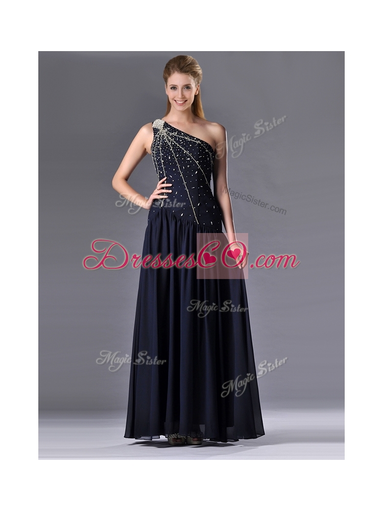 Beautiful Column One Shoulder Beaded Mother Dress in Navy Blue