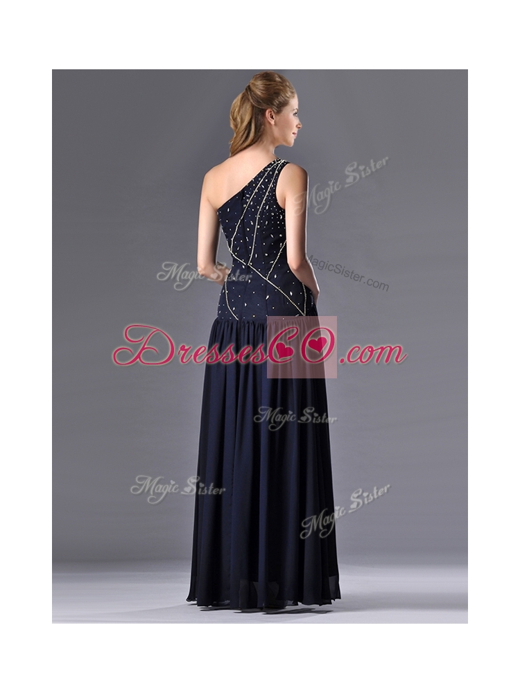 Beautiful Column One Shoulder Beaded Mother Dress in Navy Blue
