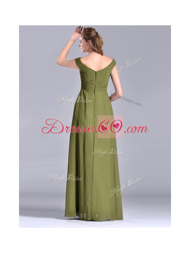 Discount Empire V Neck Chiffon Olive Green Mother Dress with Ruching