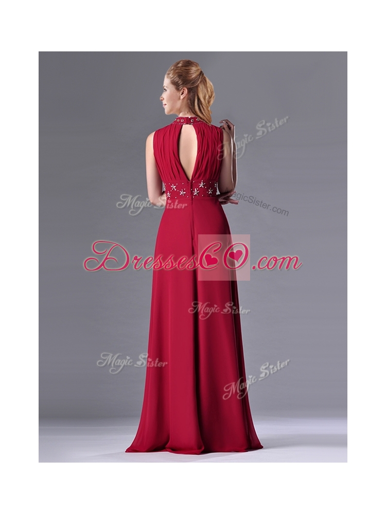 Empire High Neck Open Back Red Mother Dress with Beading and Hand Crafted