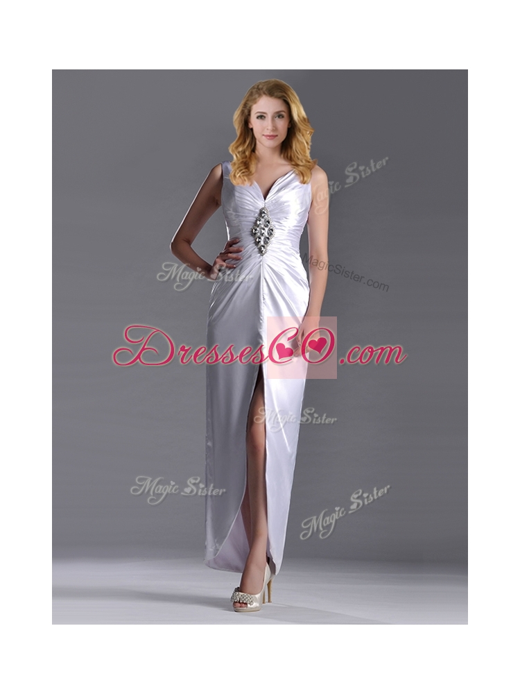 Exquisite Column V Neck Mother Dress with Beading and High Slit