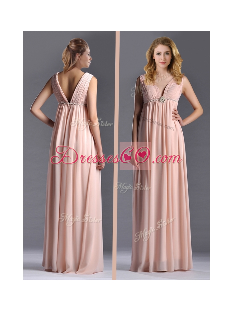 Simple Empire Chiffon Ruching Long Pink Mother Dress with V Neck