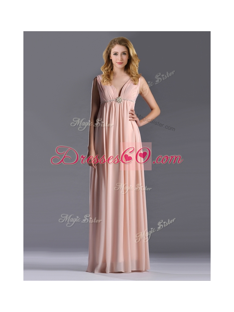 Simple Empire Chiffon Ruching Long Pink Mother Dress with V Neck