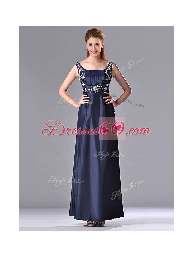 Simple Empire Square Taffeta Beading Long Mother Dress in Navy Blue