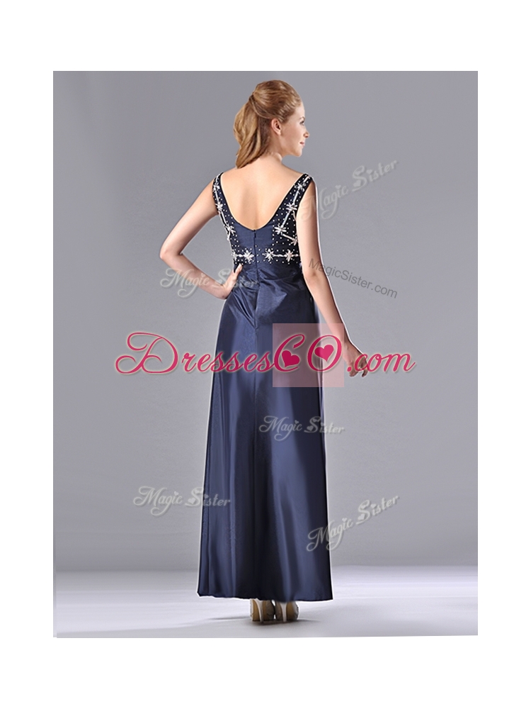 Simple Empire Square Taffeta Beading Long Mother Dress in Navy Blue