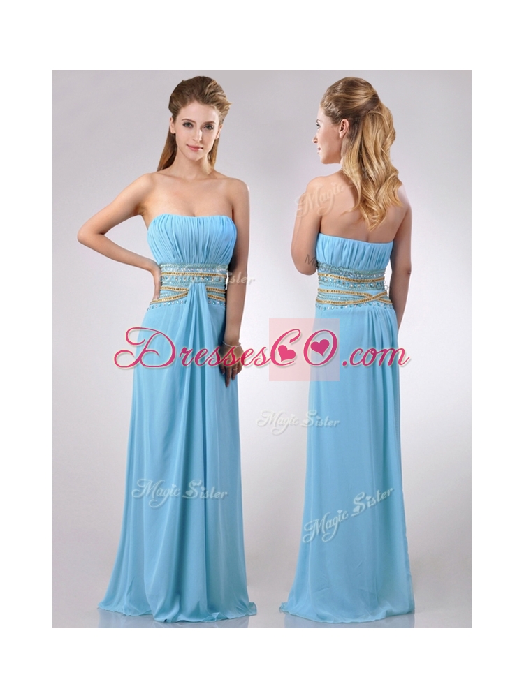 Discount Beaded Decorated Waist and Ruched Bodice Prom Dress in Aqua Blue Color