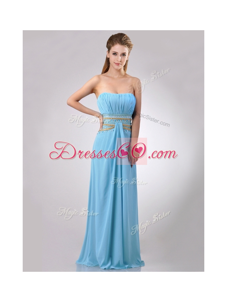 Discount Beaded Decorated Waist and Ruched Bodice Prom Dress in Aqua Blue Color