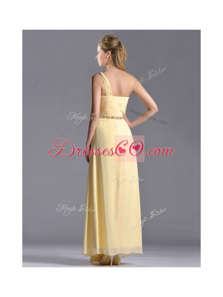 Exquisite One Shoulder Yellow Prom Dress with Beading and High Slit