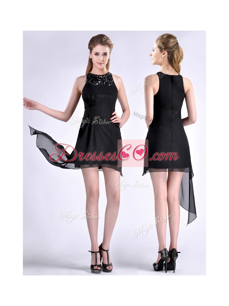 Modern Scoop Asymmetrical Black Chiffon Prom Dress with Beading