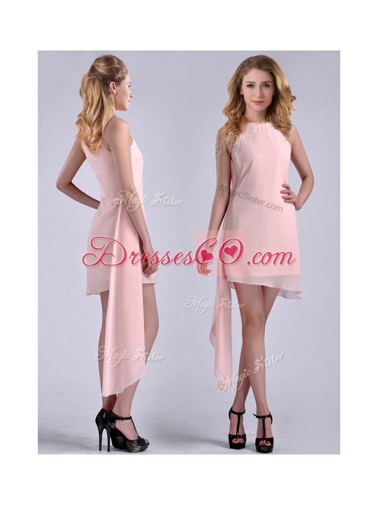 Most Popular Scoop Empire Chiffon Asymmetrical Prom Dress in Baby Pink