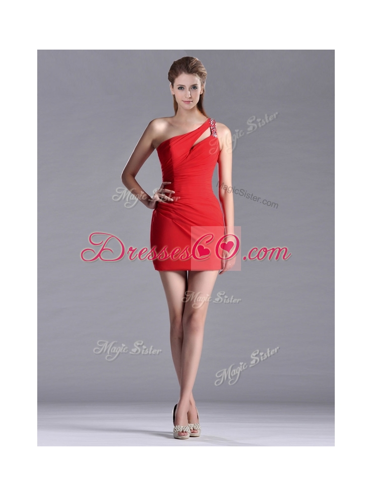 New Arrivals Side Zipper One Shoulder Red Prom Dress with Beading