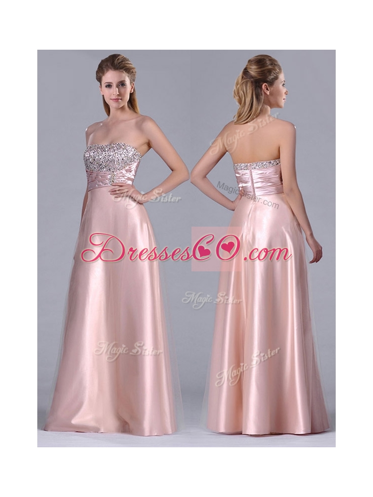 Fashionable Strapless Peach Long Prom Dress with Beaded Bodice