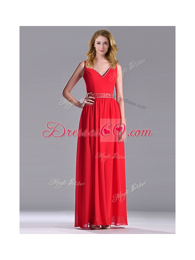 Fashionable V Neck Ankle Length Prom Dress with Beaded Decorated Waist